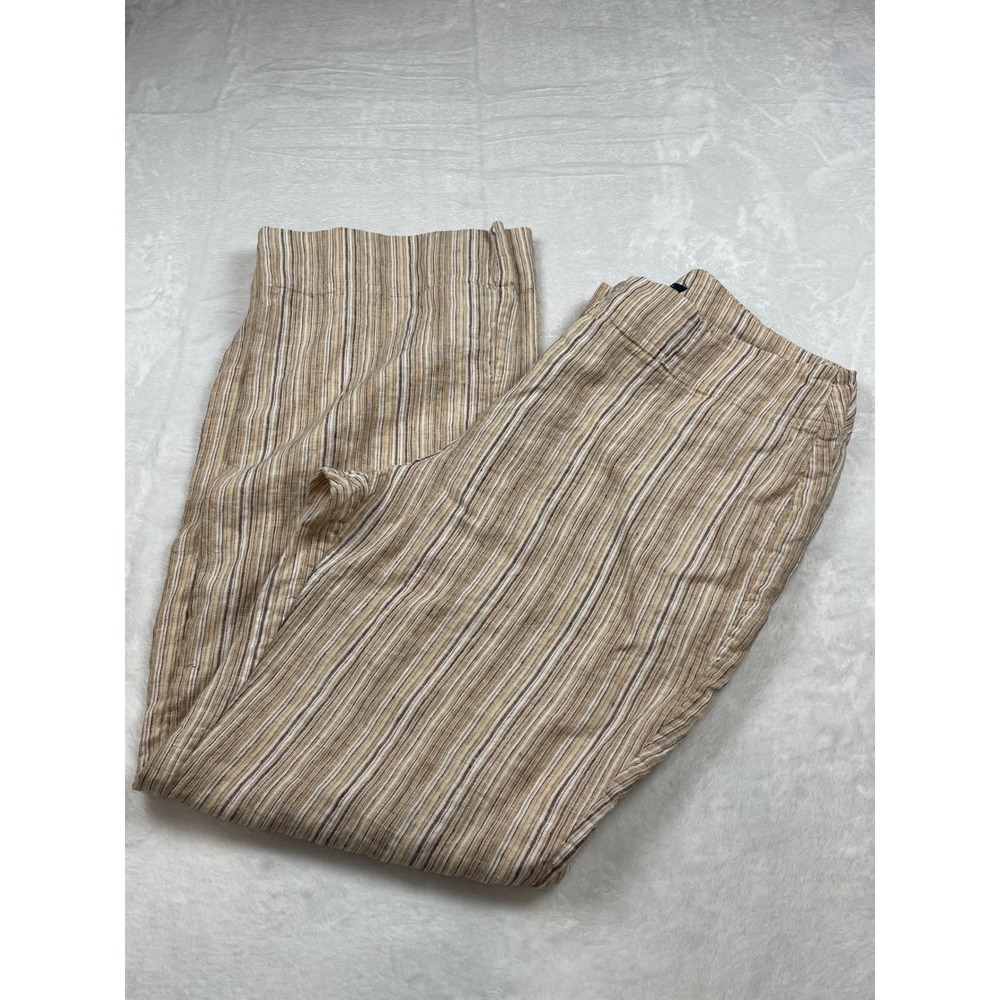 Women's 100% Linen Wide Leg Striped Pants Tan Beige Brown High Rise 14W Vacation